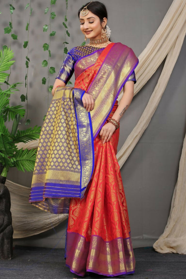 Jyoti Fashion Women's Red Kanjivaram Silk Zari Woven Saree with Blouse - Distacart