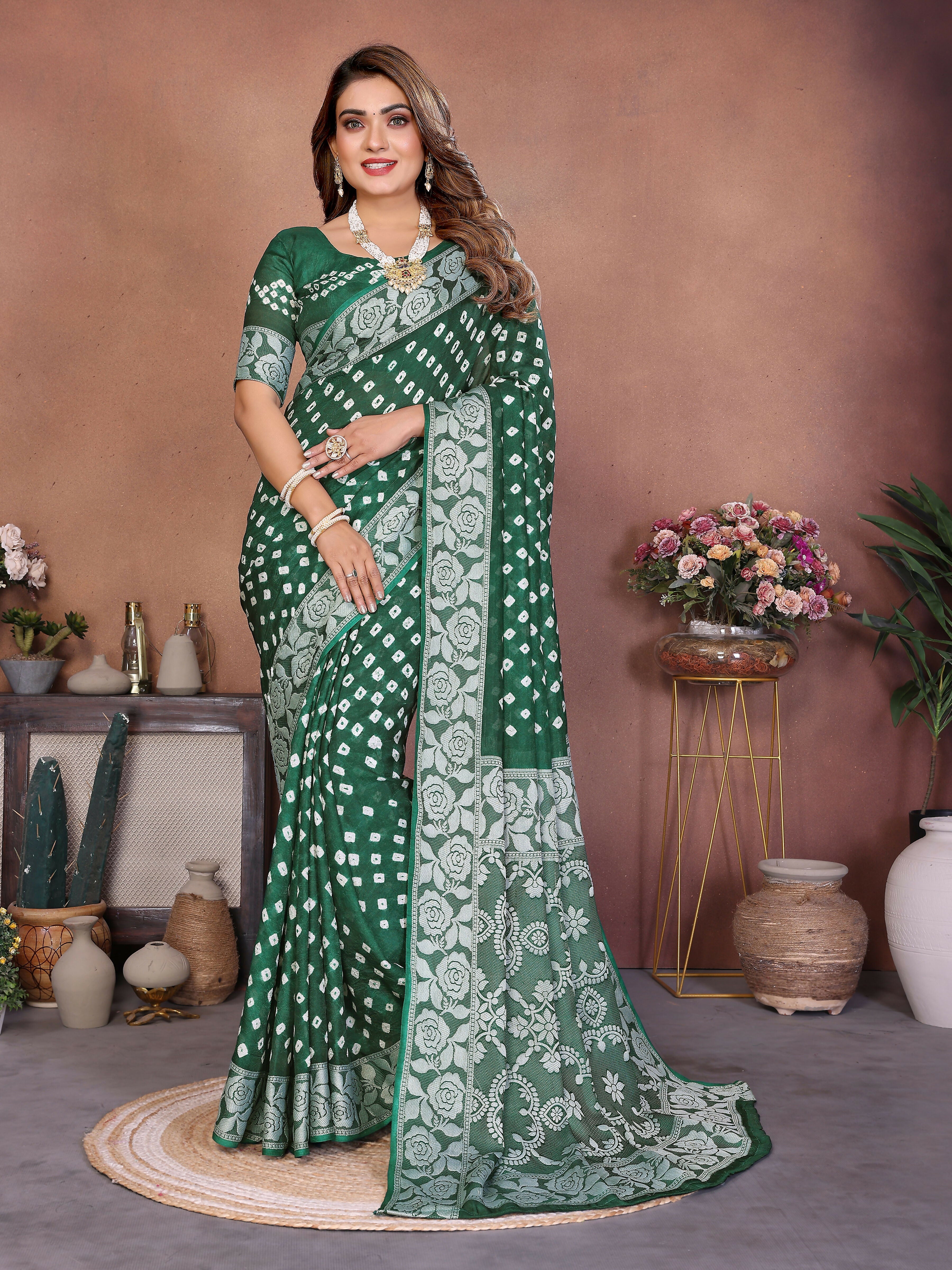 Aastha Fashion Green Viscose Silk Handmade Original Bandhej Saree - Distacart