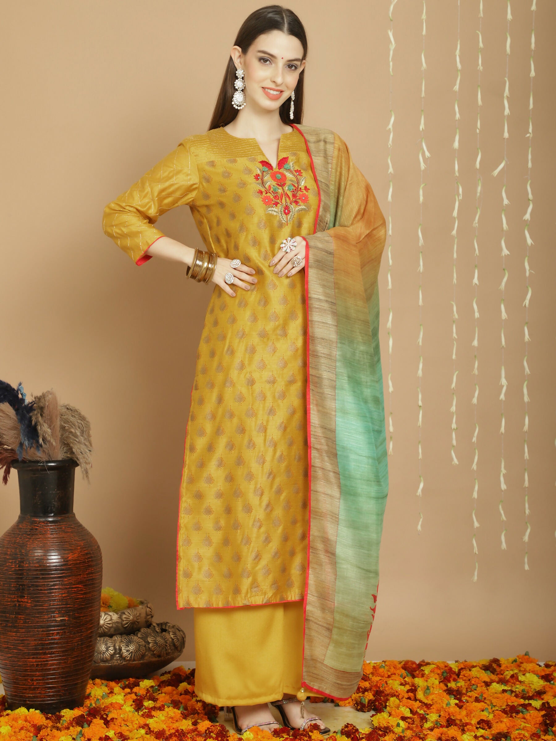 Jyoti Fashion Women's Yellow Chanderi Silk Elegant Jardoshi Semi Kurta with Trouser & Dupatta - Distacart