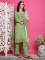 Thumbnail for Jyoti Fashion Women's Green Muslin Floral Resham Embroidery Kurta with Trouser & Dupatta - Distacart