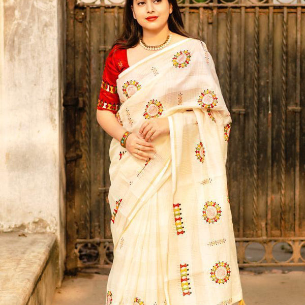 Cream Cotton Blend Warli Saree with Unstitched Blouse - A2M - Distacart