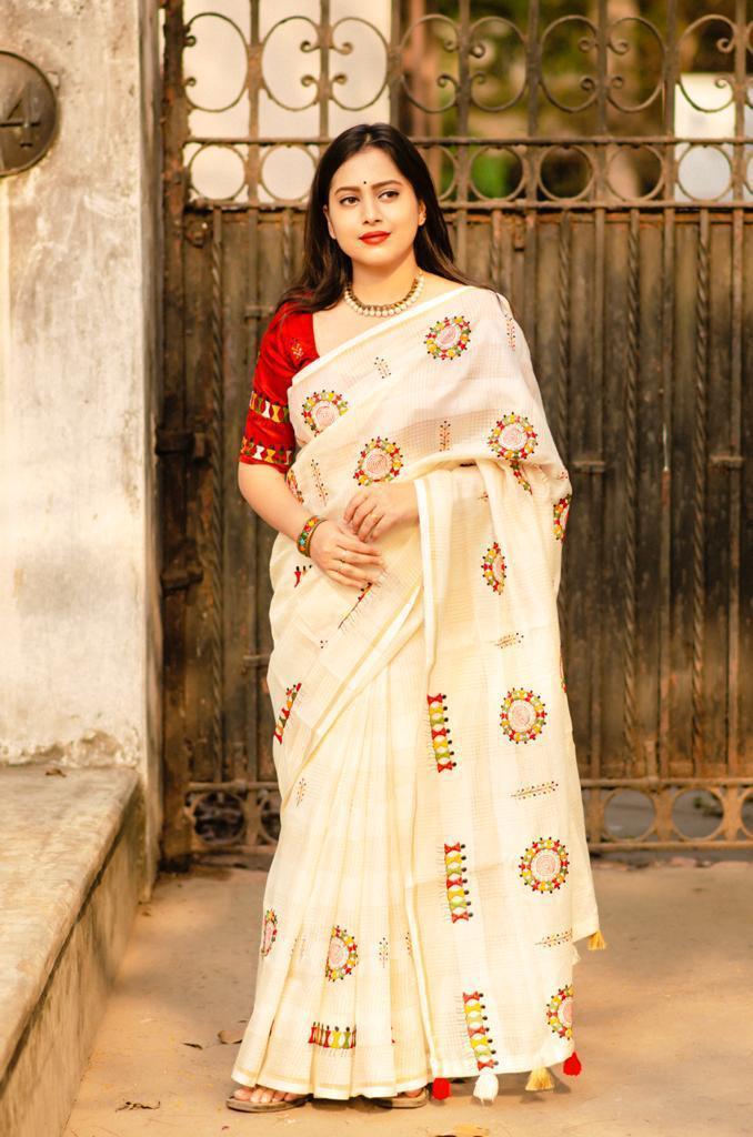 Cream Cotton Blend Warli Saree with Unstitched Blouse - A2M - Distacart