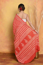 Thumbnail for Very Much Indian Handblock Printed Cotton Saree With Natural Dyes - Orange - Distacart
