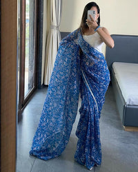 Thumbnail for Malishka Georgette Printed Ready To Wear Saree With Blouse Piece - Blue - Distacart