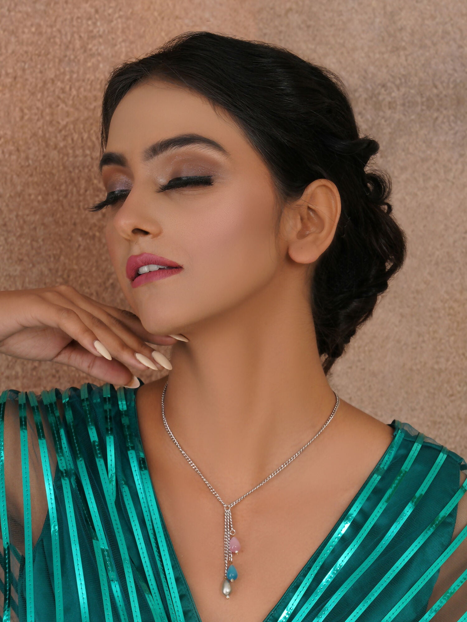 Long Silver Neckpiece with Multi Stones (silver) - Ruby Raang - Distacart