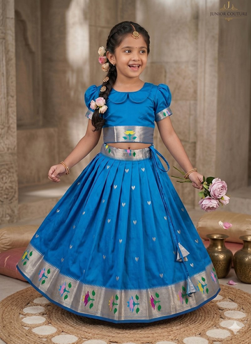 Evanik Blue Soft Silk Paithani Design Zari Weaving Pavadai Lehenga Choli For Kids - Dista