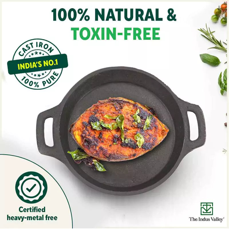 The Indus Valley CASTrong Cast Iron Fish Fry Pan, Pre-seasoned, Nonstick, 100% Pure, Toxin-free, Induction, 22.4/25cm, 1.5kg/2kg - Distacart