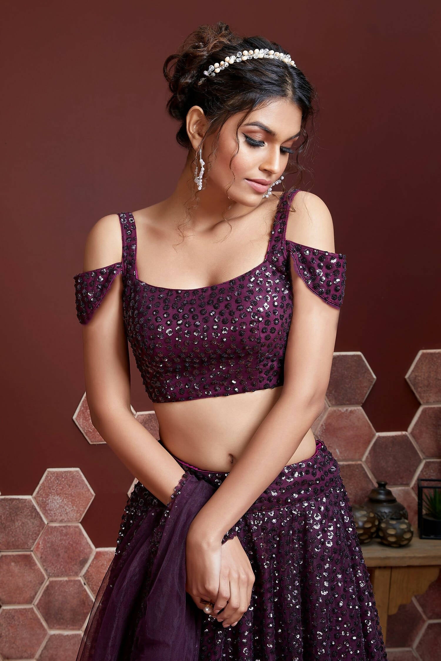 Wedding Designer Wine Net Lehenga Choli - Anbazaar - Distacart