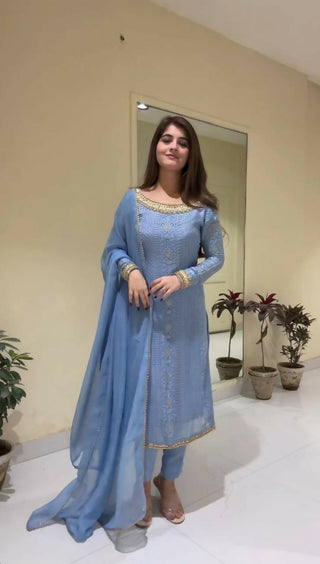 Preksha Creation Designer Wear Trending Faux Georgette Top With Cotton Thread Embroidered Work And Pant With Dupatta - Sky Blue - Distacart
