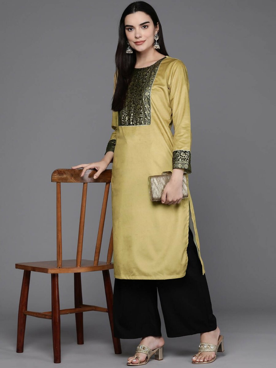 Ahalyaa Women Floral Yoke Design Gotta Patti Velvet Kurta - Mustard Color - Distacart