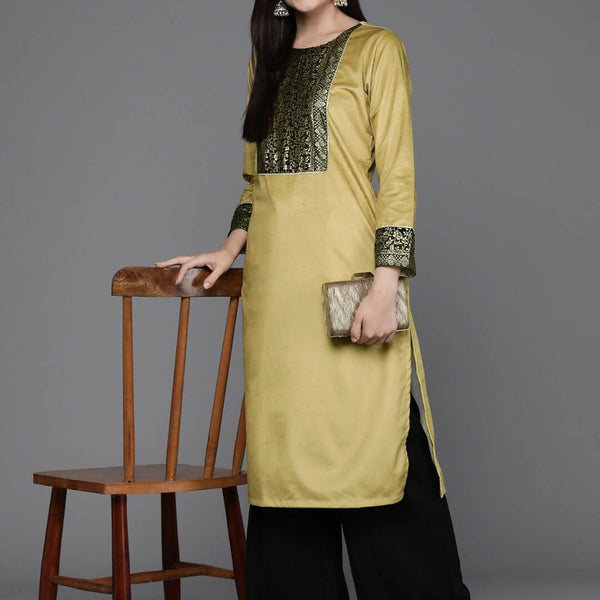 Ahalyaa Women Floral Yoke Design Gotta Patti Velvet Kurta - Mustard Color - Distacart