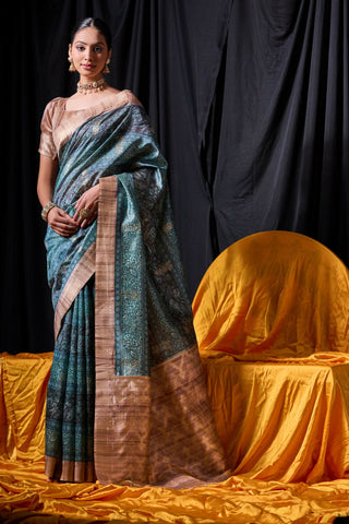 Vishnu Weaves Women's Rama Tussar Silk Zari Woven Saree with Blouse - Distacart