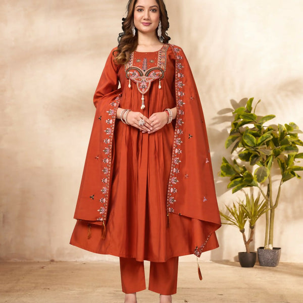 Lehenga Mart Designer Anarkali Suit With Kurta, Pant, Dupatta For Women-Rust Orange - Distacart