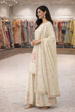 Thumbnail for Teeya Creation Cream Chinnon Designer Embroidery Work Party Wear Salwar Suit - Distacart