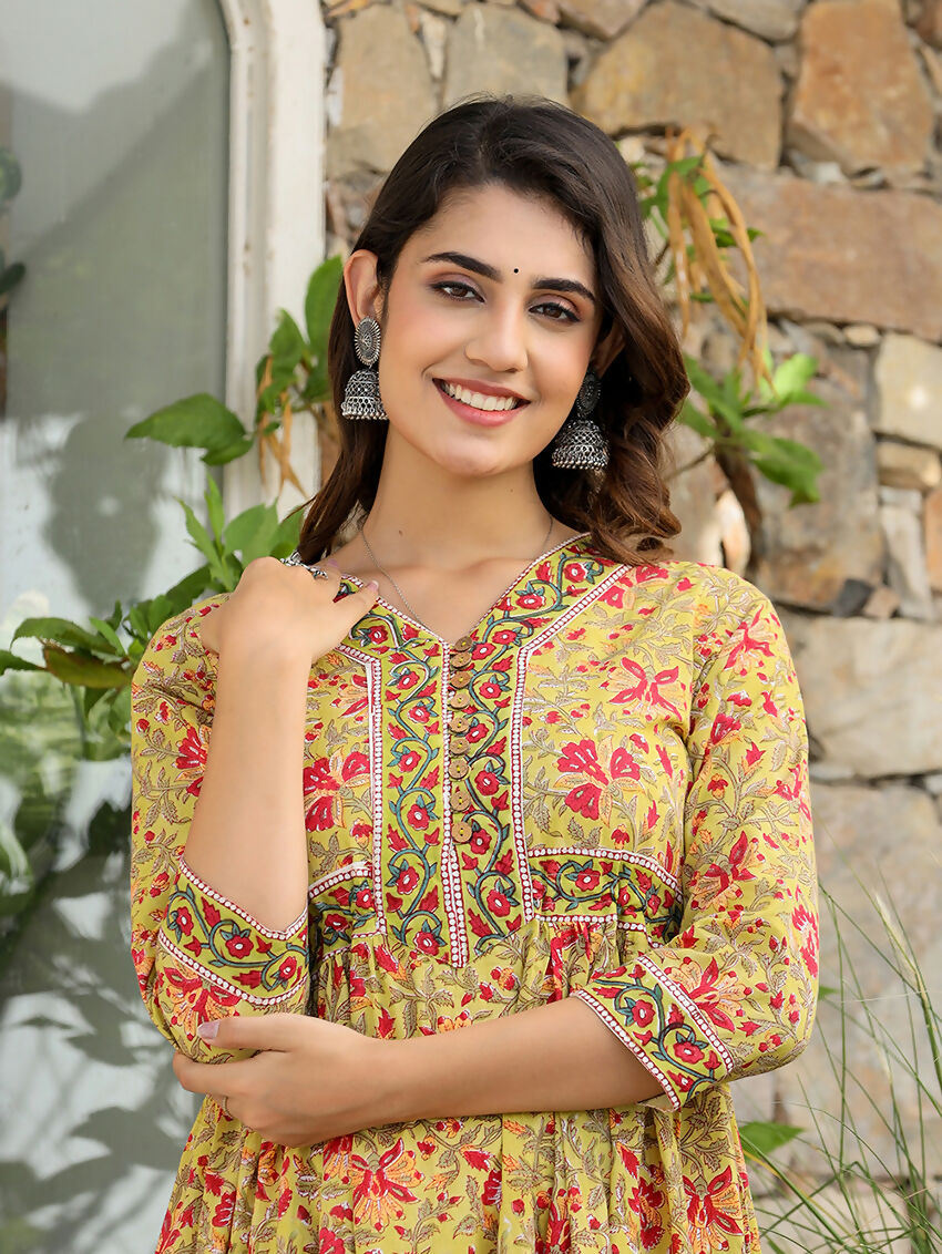 Kaajh Women's Mustard Printed Cotton Handblock Dress - Distacart