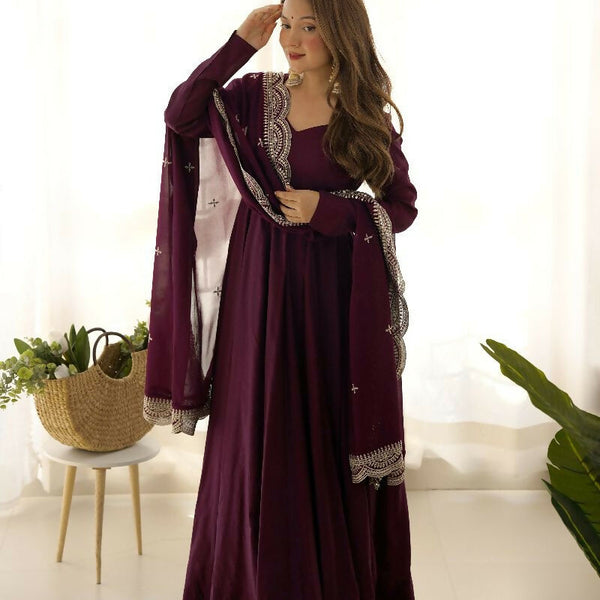 Joban Fashion Wine Kurta Set Chanderi Sequence Embroidery Work