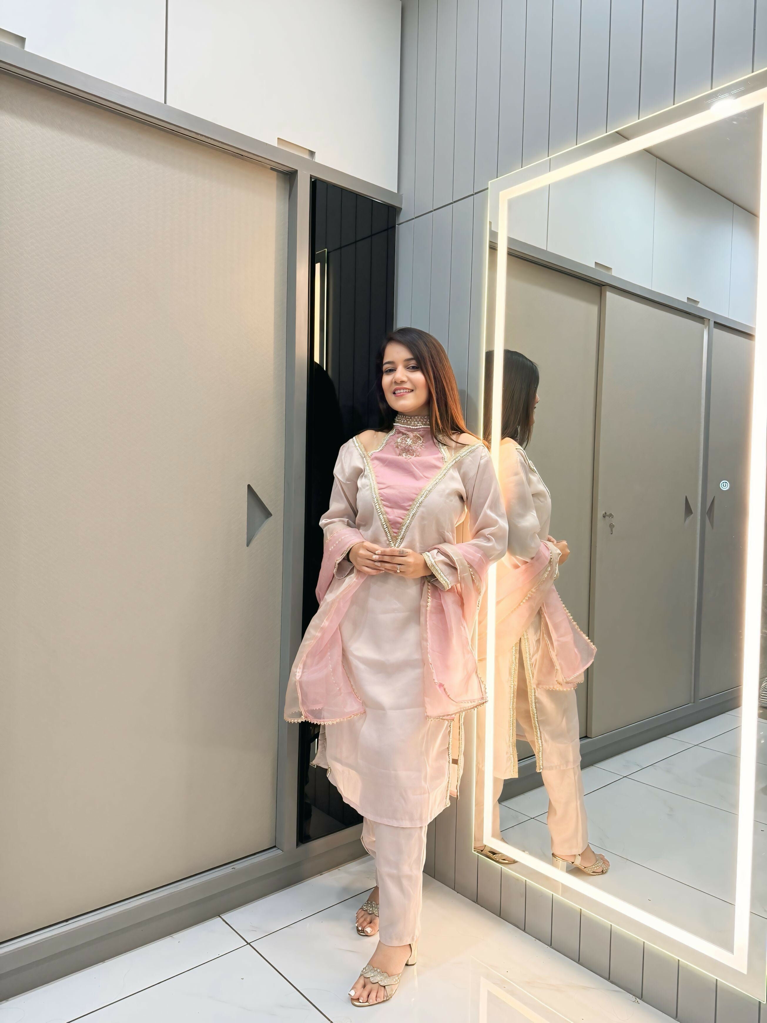 Anaita Rose Roman Shimmer Readymade Kurti Set with Designer Handwork - Distacart