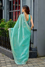 Thumbnail for Vastranavya Turquoise Embroidery Work Shimmer Chiffon Saree with Unstitched Blouse