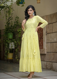 Thumbnail for Kaajh Women's Yellow Mirror Embroidered Cotton Dress - Distacart