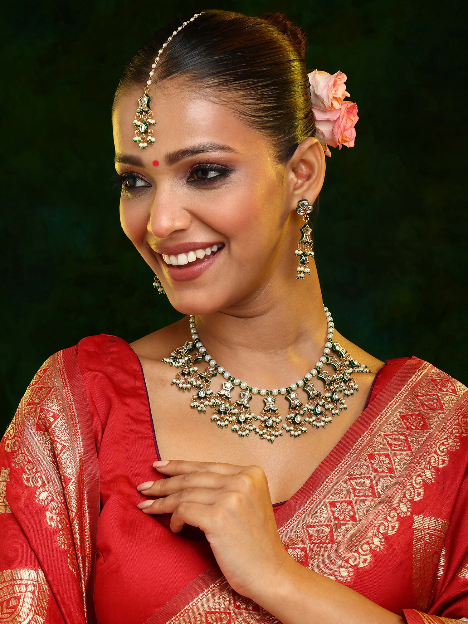 Ruby Raang Gold Polished Kundan Work Green Kundan Collar Necklace With Earrings & Maang Tikka - Dista
