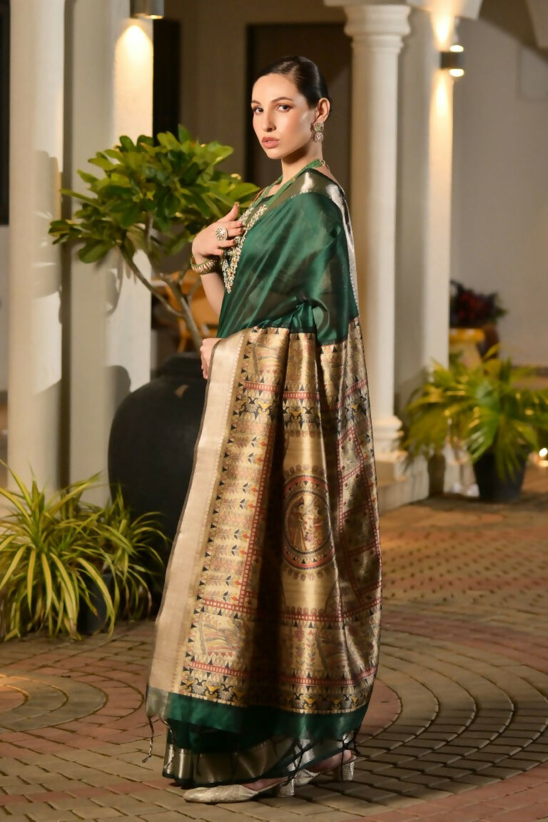 Vishnu Weaves Women's Green Soft Tussar Silk Printed Saree with Blouse