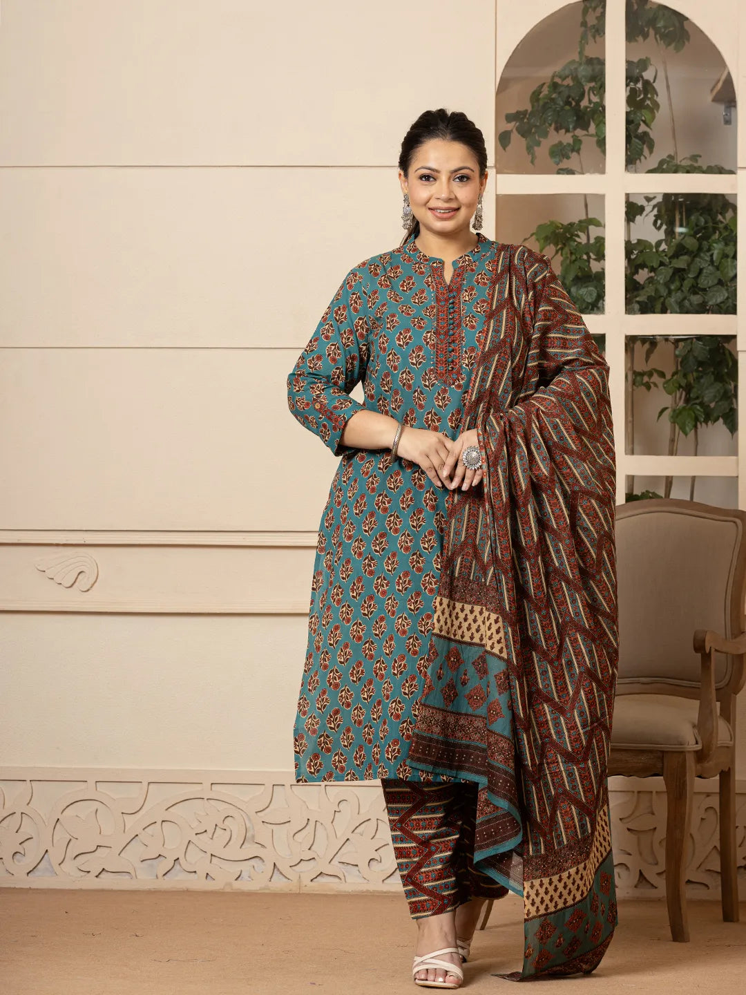 Yufta Floral Print Teal Blue Cotton Plus Size Kurta Set With Dupatta Set - Distacart