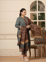Thumbnail for Yufta Floral Print Teal Blue Cotton Plus Size Kurta Set With Dupatta Set - Distacart