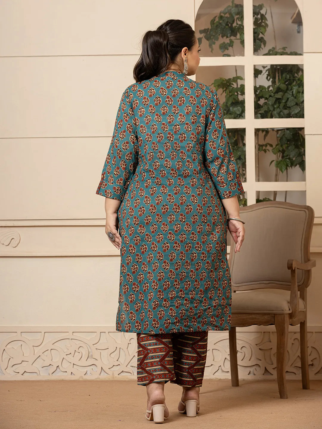 Yufta Floral Print Teal Blue Cotton Plus Size Kurta Set With Dupatta Set - Distacart