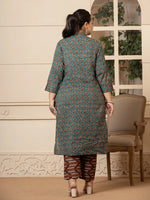 Thumbnail for Yufta Floral Print Teal Blue Cotton Plus Size Kurta Set With Dupatta Set - Distacart