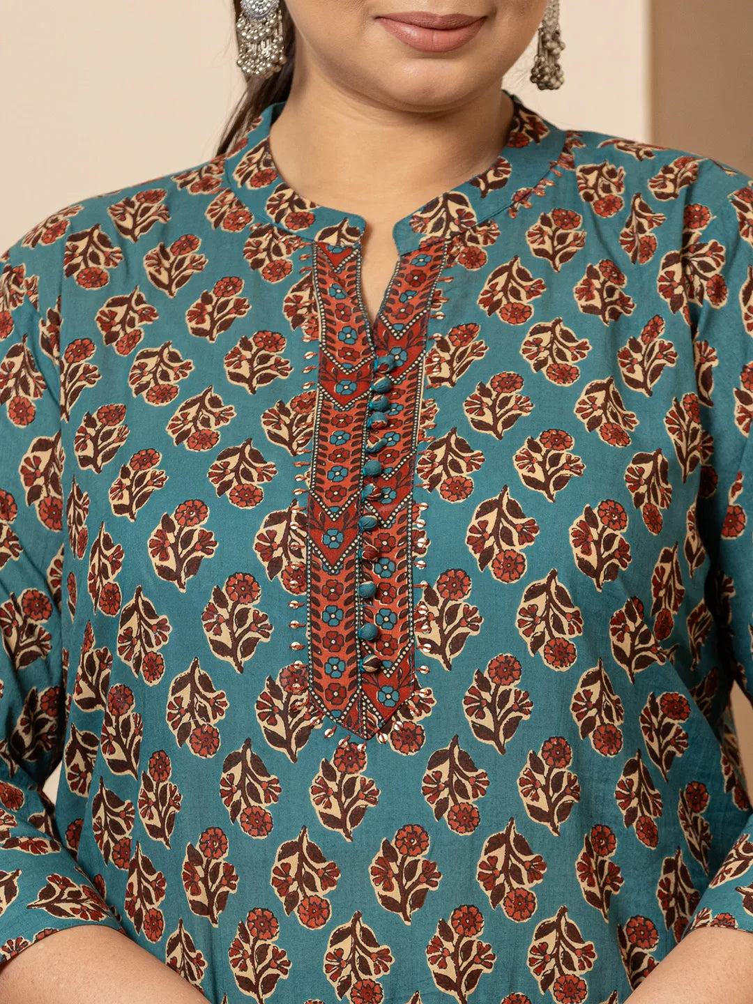 Yufta Floral Print Teal Blue Cotton Plus Size Kurta Set With Dupatta Set - Distacart