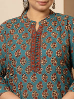 Thumbnail for Yufta Floral Print Teal Blue Cotton Plus Size Kurta Set With Dupatta Set - Distacart