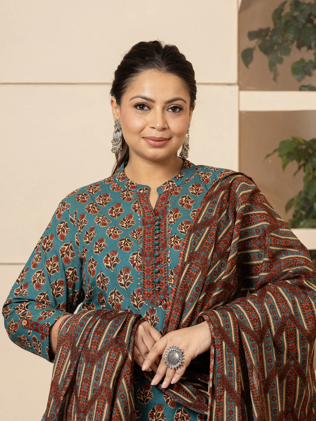 Yufta Floral Print Teal Blue Cotton Plus Size Kurta Set With Dupatta Set - Distacart
