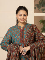 Thumbnail for Yufta Floral Print Teal Blue Cotton Plus Size Kurta Set With Dupatta Set - Distacart