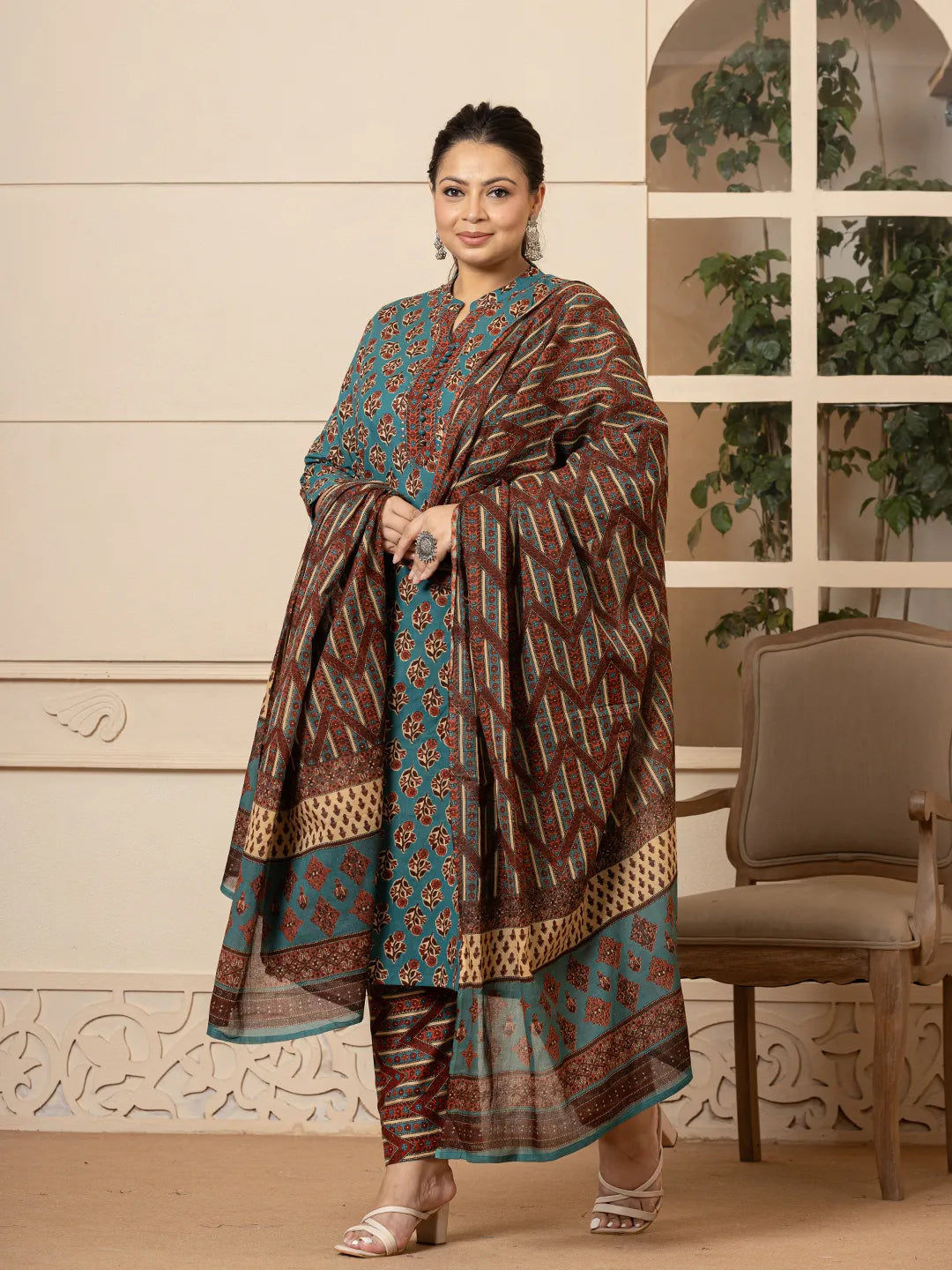 Yufta Floral Print Teal Blue Cotton Plus Size Kurta Set With Dupatta Set - Distacart