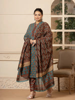 Thumbnail for Yufta Floral Print Teal Blue Cotton Plus Size Kurta Set With Dupatta Set - Distacart