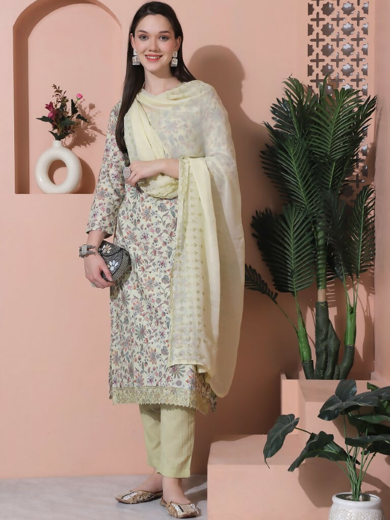 Jyoti Fashion Women's Green Cotton Floral Digital Printed Kurta with Trouser & Dupatta - Distacart
