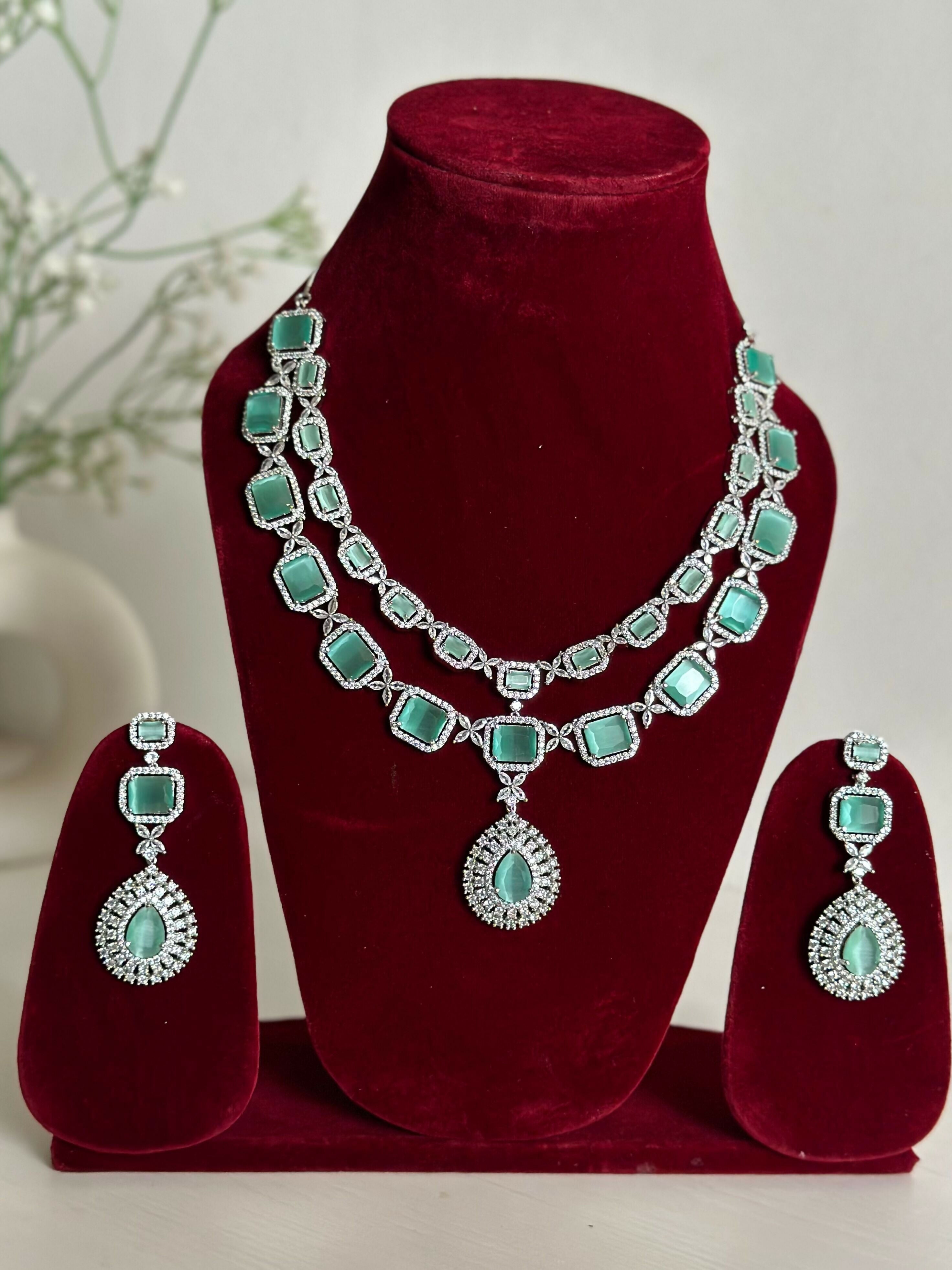 Mint Green American Diamond Two Layer Elegent Necklace Set With Earrings By House of Ree - Distacart