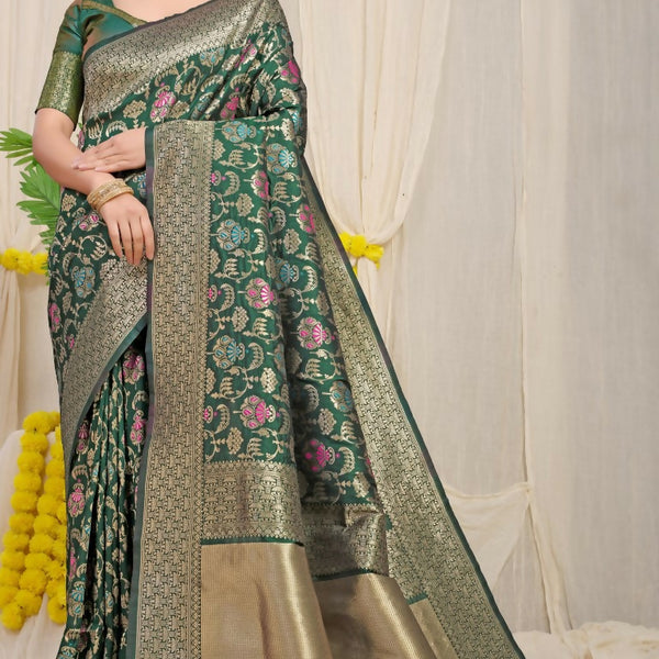 Jyoti Fashion Women's Bottle Green Kanjivaram Silk Zari Woven Saree with Blouse - Distacart