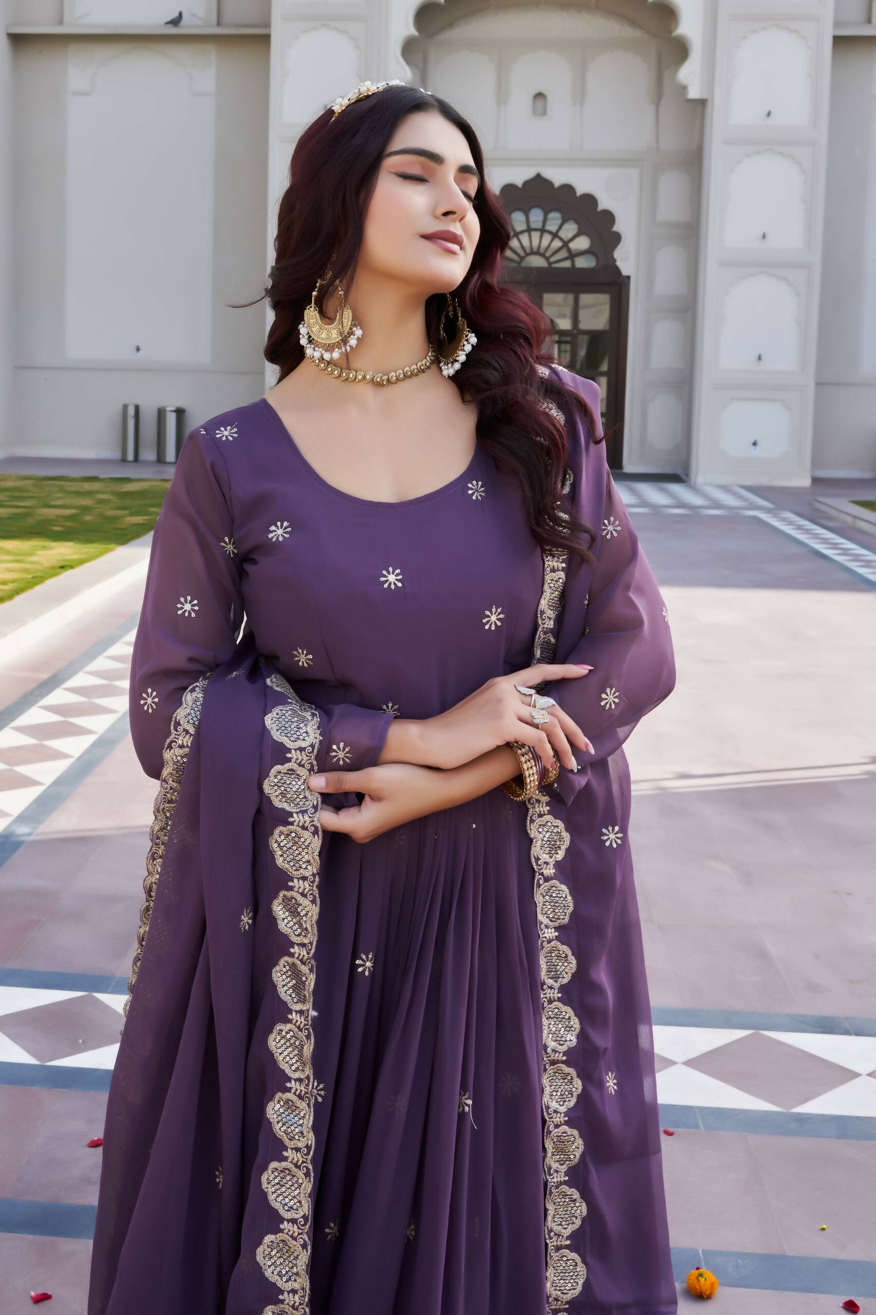 Teeya Creation Womens Wedding Wear Heavy Sequence Embroidery Work Purple Gown Set - Dista