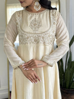 Thumbnail for The52 CreamWomen's Gorgeous Embroidered Vichitra Silk Fabric Flared Kurta Pant with Dupatta Set - Distacart