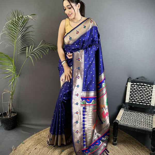 Joban Fashion Royal Blue Peacock & Floral Motifs Soft Lichi Silk Kanchipuram Saree - Distacart