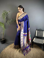 Thumbnail for Joban Fashion Royal Blue Peacock & Floral Motifs Soft Lichi Silk Kanchipuram Saree - Distacart