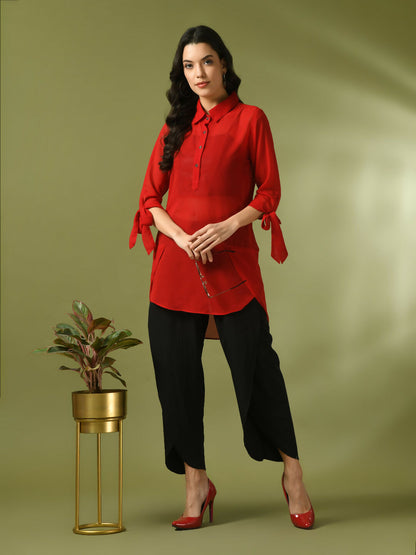 Myshka Women's Red Solid Georgette Longline Party Sheer Tunic - Distacart