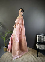 Thumbnail for Joban Fashion Peach Floral & Paisley Linen Silk Banarasi Saree - Distacart