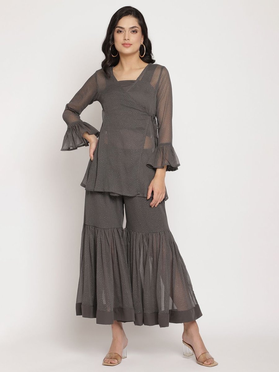 Ahalyaa Women Charcoal Grey Poly Chiffon Angrakha Kurta with Inner & Sharara - Distacart