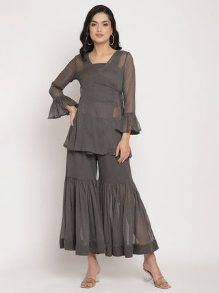 Ahalyaa Women Charcoal Grey Poly Chiffon Angrakha Kurta with Inner & Sharara - Distacart