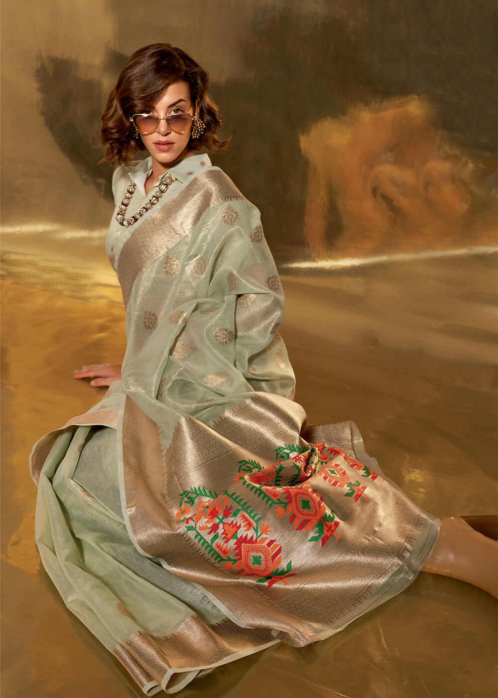 Green Handwoven Tissue Fabric Festive & Party Style Saree - Emponline - Distacart