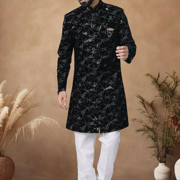 Joban Fashion Men's Black Straight Velvet Thread & Sequence Embroidery All Over Indo-Western Kurta Set - Distacart