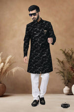 Thumbnail for Joban Fashion Men's Black Straight Velvet Thread & Sequence Embroidery All Over Indo-Western Kurta Set - Distacart