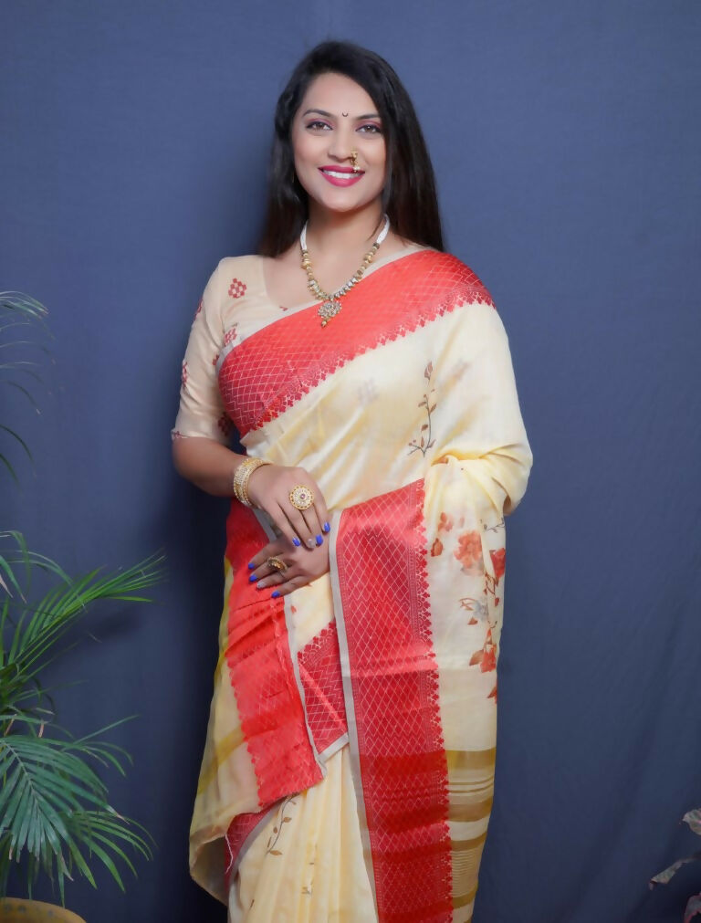 Jyoti Fashion Women's Red Linen Silk Digital Print with Jacquard Woven Border Saree with Blouse - Distacart
